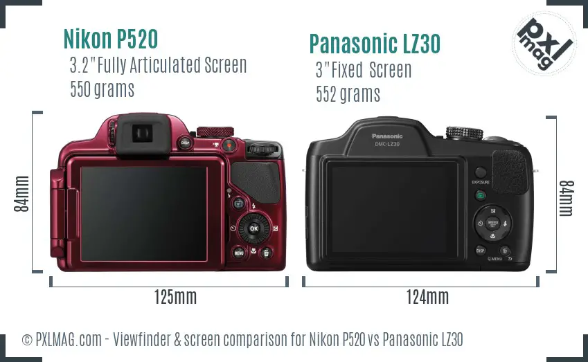 Nikon P520 vs Panasonic LZ30 Screen and Viewfinder comparison