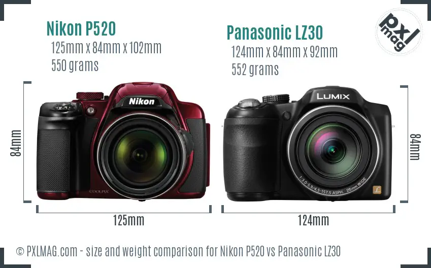 Nikon P520 vs Panasonic LZ30 size comparison