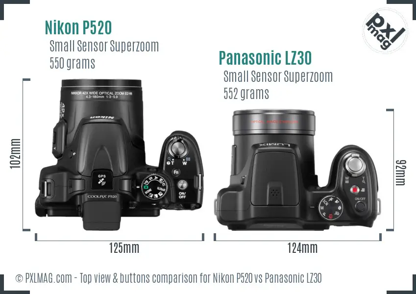 Nikon P520 vs Panasonic LZ30 top view buttons comparison