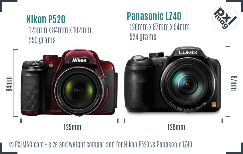 Nikon P520 vs Panasonic LZ40 size comparison