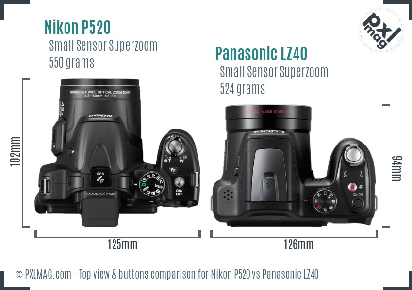 Nikon P520 vs Panasonic LZ40 top view buttons comparison