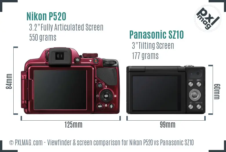 Nikon P520 vs Panasonic SZ10 Screen and Viewfinder comparison