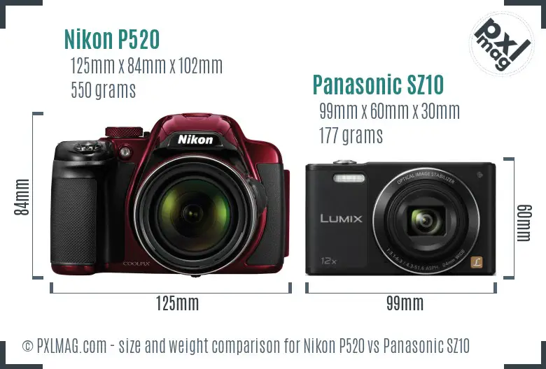 Nikon P520 vs Panasonic SZ10 size comparison