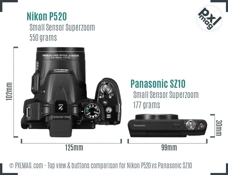 Nikon P520 vs Panasonic SZ10 top view buttons comparison