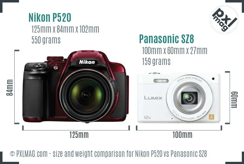 Nikon P520 vs Panasonic SZ8 size comparison