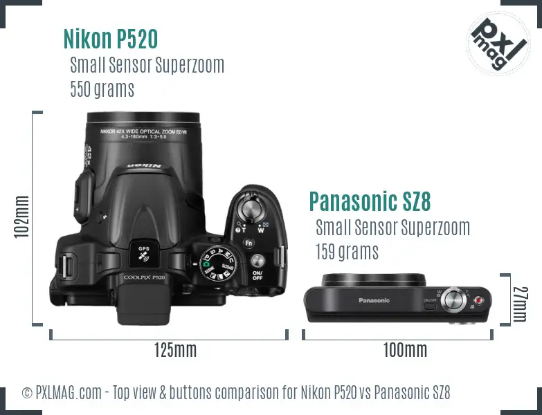 Nikon P520 vs Panasonic SZ8 top view buttons comparison