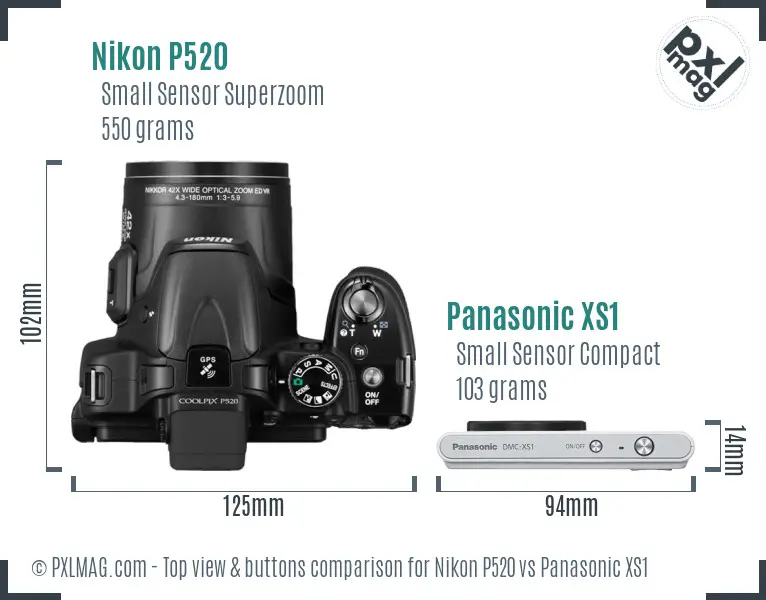 Nikon P520 vs Panasonic XS1 top view buttons comparison