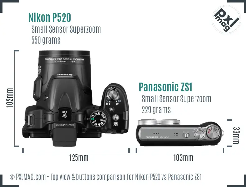 Nikon P520 vs Panasonic ZS1 top view buttons comparison