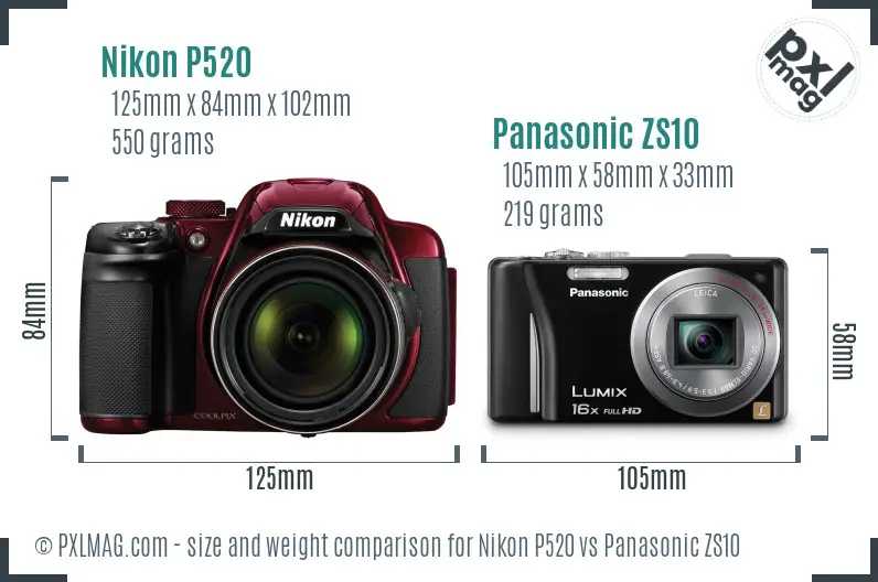 Nikon P520 vs Panasonic ZS10 size comparison