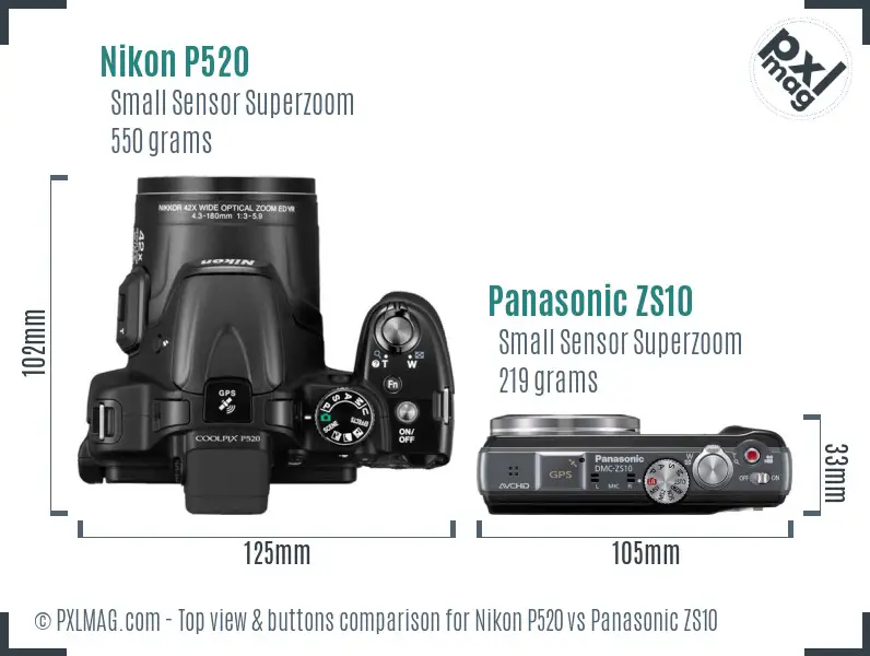 Nikon P520 vs Panasonic ZS10 top view buttons comparison