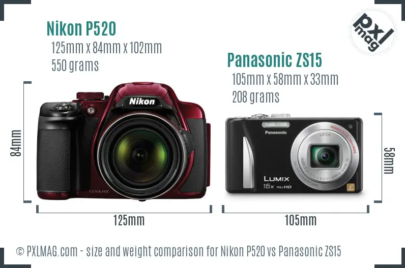 Nikon P520 vs Panasonic ZS15 size comparison