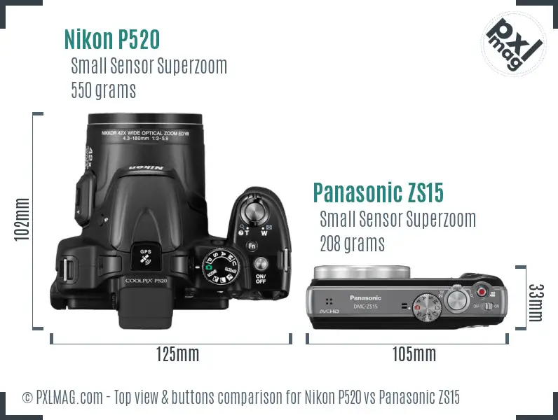 Nikon P520 vs Panasonic ZS15 top view buttons comparison