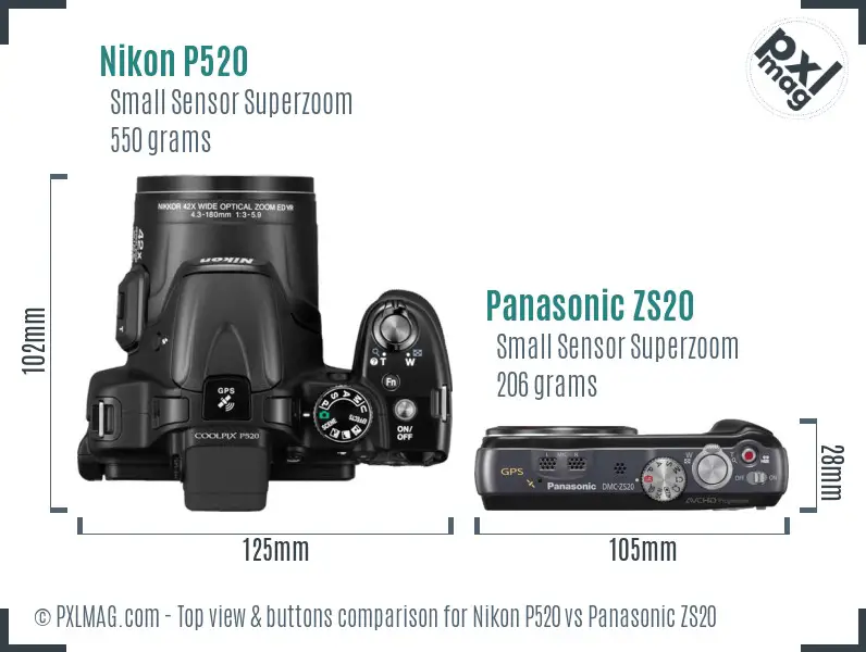 Nikon P520 vs Panasonic ZS20 top view buttons comparison Nikon P520 vs Panasonic ZS20 top view buttons comparison