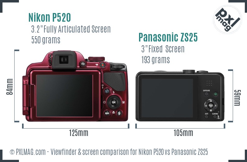 Nikon P520 vs Panasonic ZS25 Screen and Viewfinder comparison