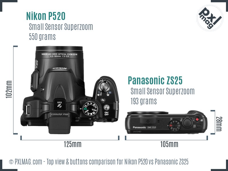 Nikon P520 vs Panasonic ZS25 top view buttons comparison