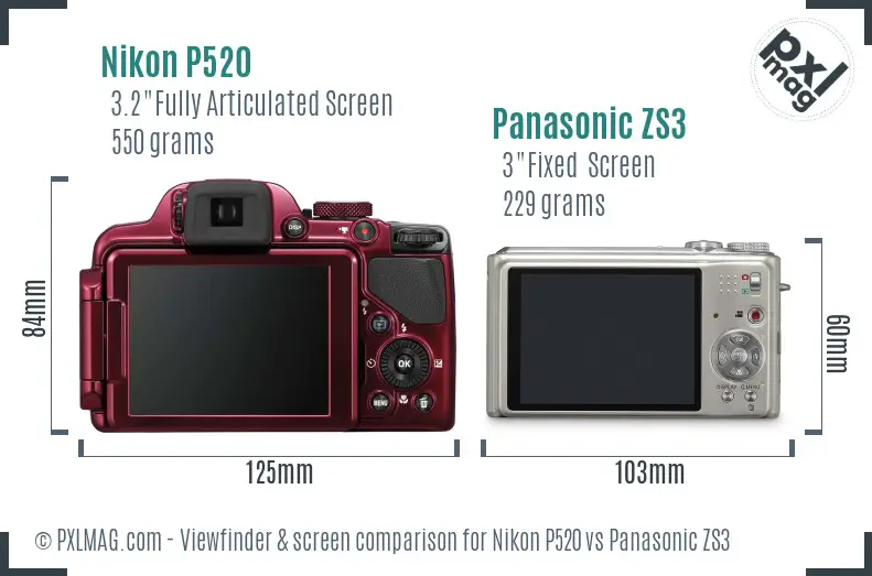 Nikon P520 vs Panasonic ZS3 Screen and Viewfinder comparison