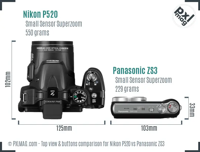Nikon P520 vs Panasonic ZS3 top view buttons comparison
