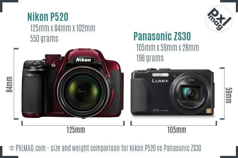 Nikon P520 vs Panasonic ZS30 size comparison