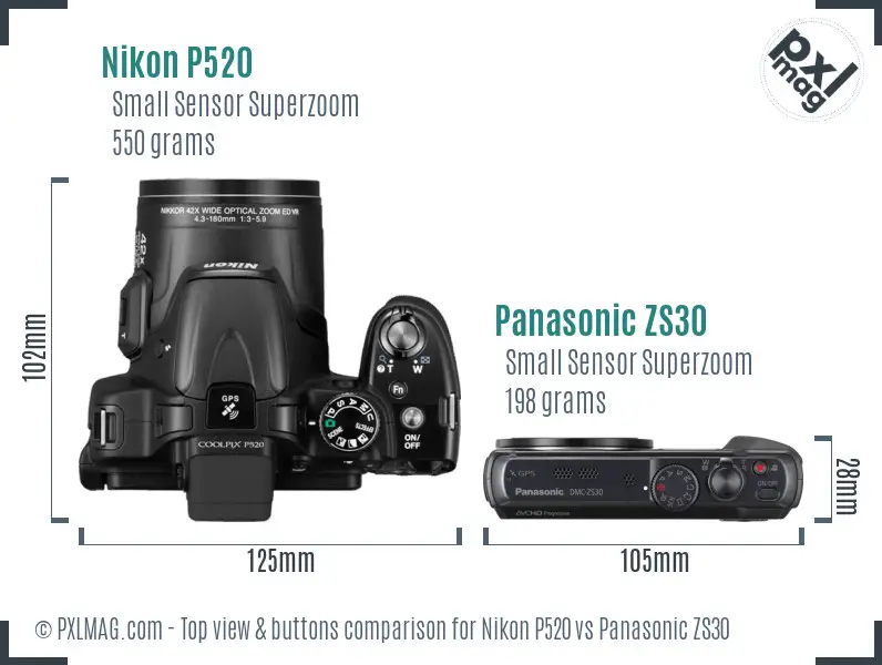 Nikon P520 vs Panasonic ZS30 top view buttons comparison