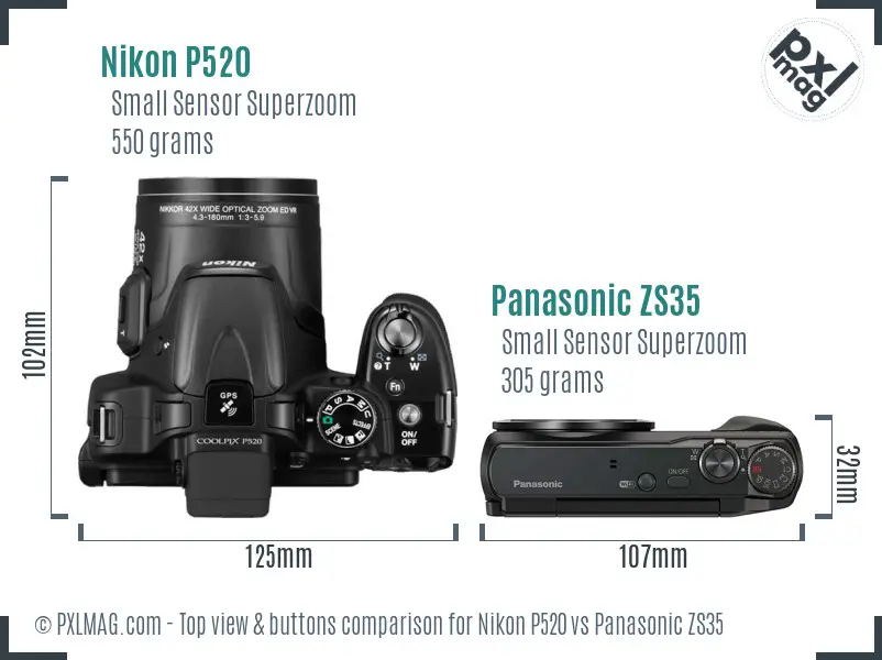 Nikon P520 vs Panasonic ZS35 top view buttons comparison