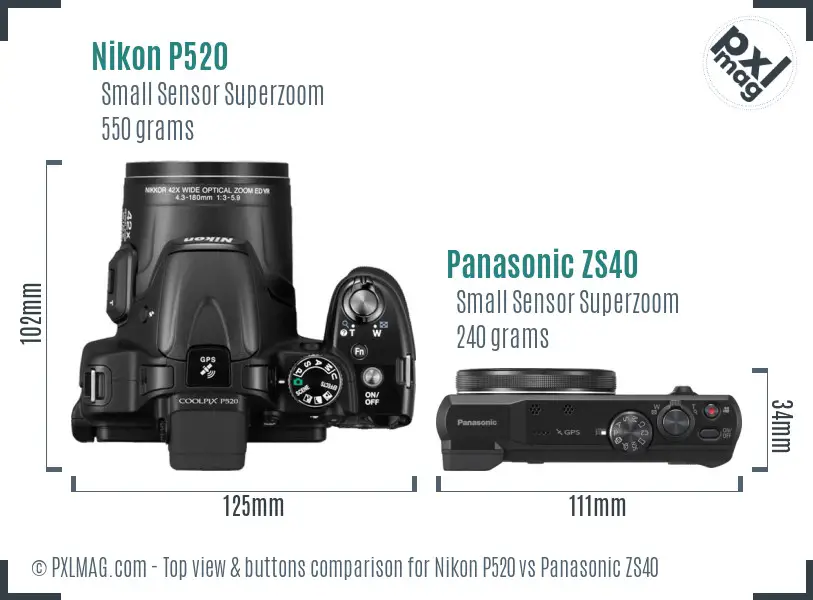 Nikon P520 vs Panasonic ZS40 top view buttons comparison
