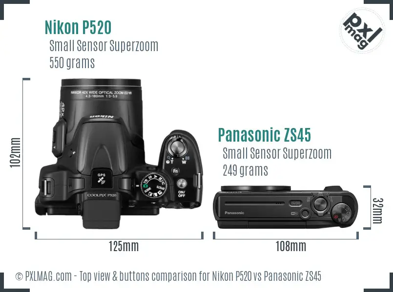 Nikon P520 vs Panasonic ZS45 top view buttons comparison