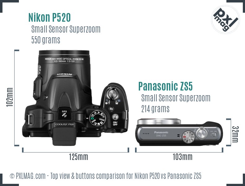 Nikon P520 vs Panasonic ZS5 top view buttons comparison