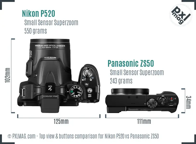 Nikon P520 vs Panasonic ZS50 top view buttons comparison Nikon P520 vs Panasonic ZS50 top view buttons comparison