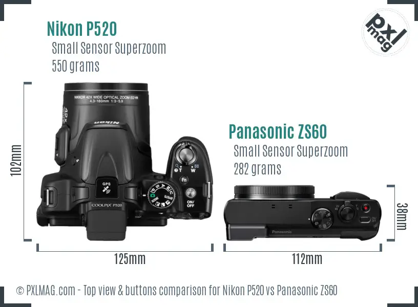 Nikon P520 vs Panasonic ZS60 top view buttons comparison