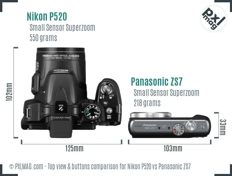 Nikon P520 vs Panasonic ZS7 top view buttons comparison