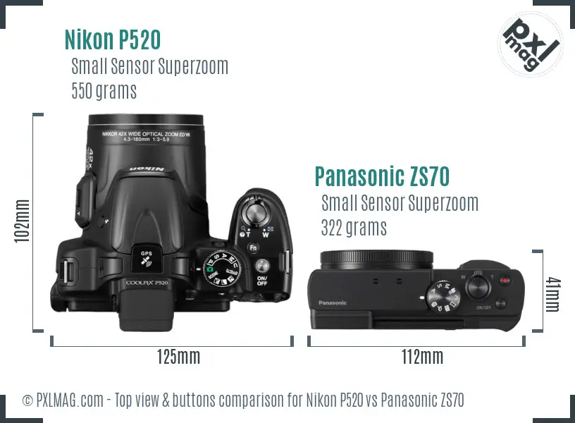 Nikon P520 vs Panasonic ZS70 top view buttons comparison