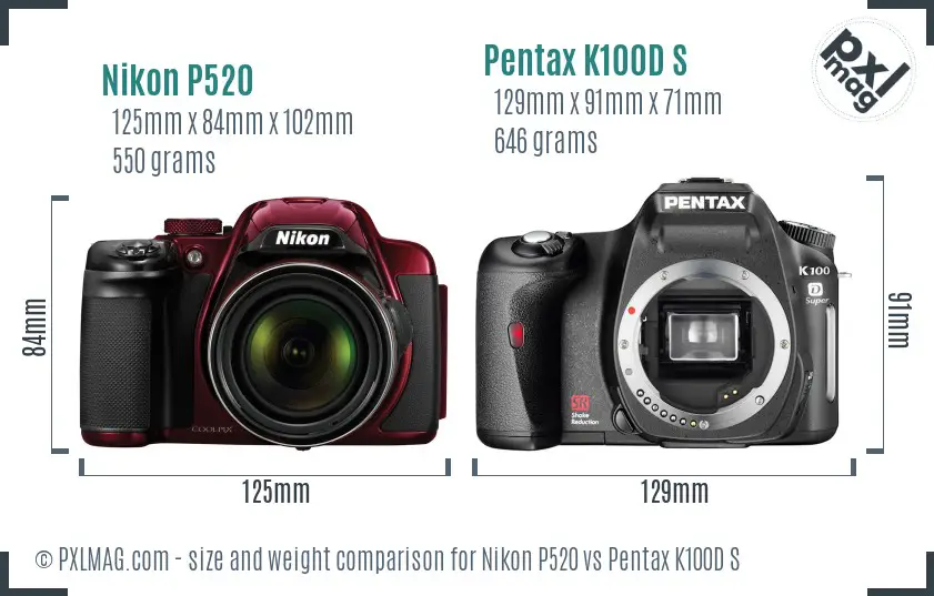 Nikon P520 vs Pentax K100D S size comparison