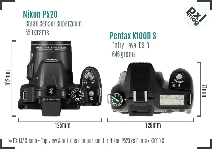 Nikon P520 vs Pentax K100D S top view buttons comparison
