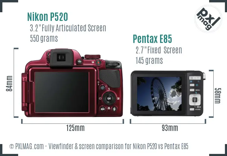 Nikon P520 vs Pentax E85 Screen and Viewfinder comparison