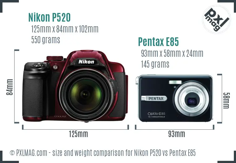 Nikon P520 vs Pentax E85 size comparison