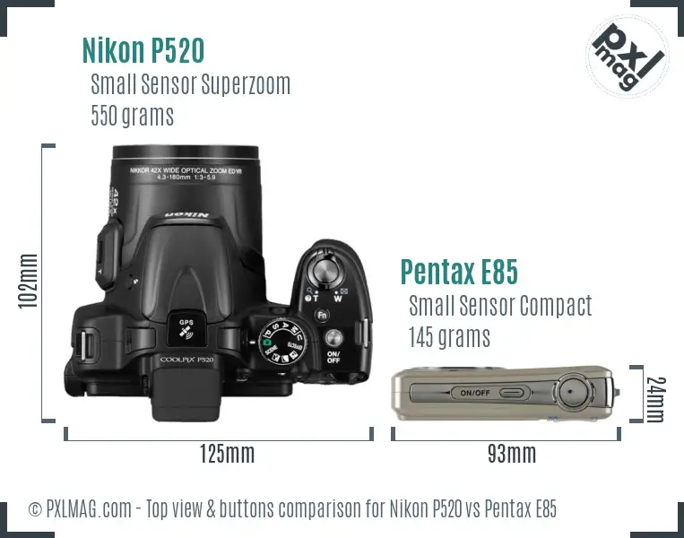 Nikon P520 vs Pentax E85 top view buttons comparison