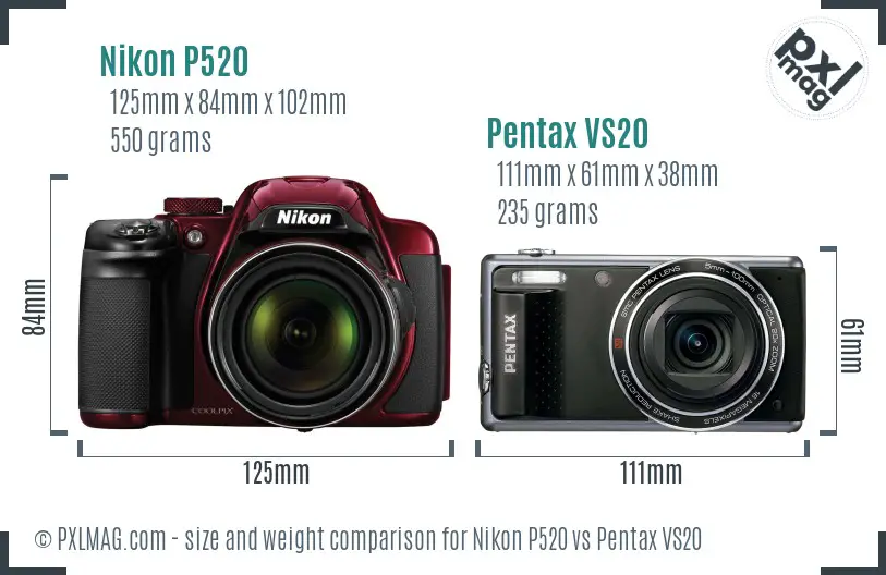 Nikon P520 vs Pentax VS20 size comparison
