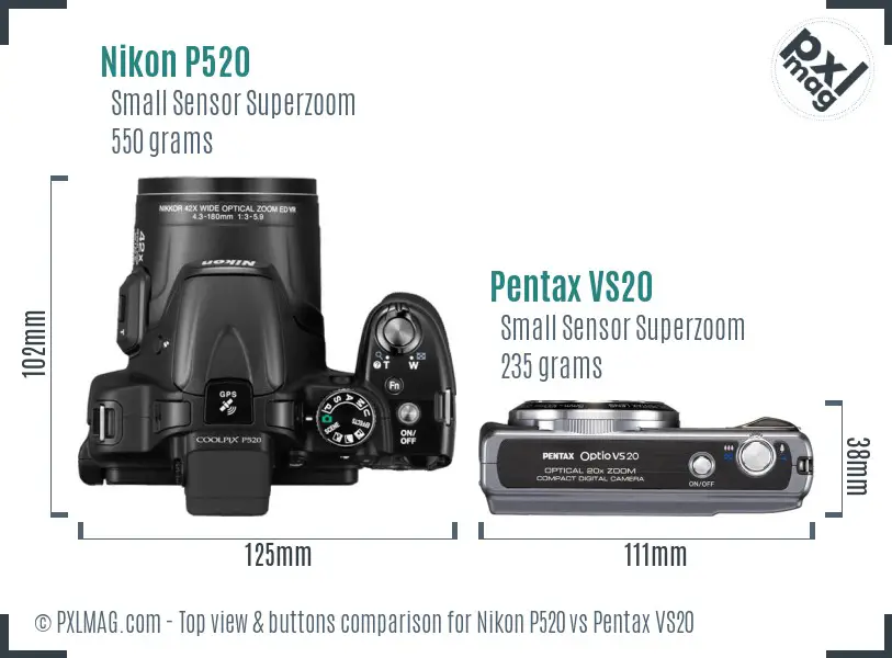Nikon P520 vs Pentax VS20 top view buttons comparison