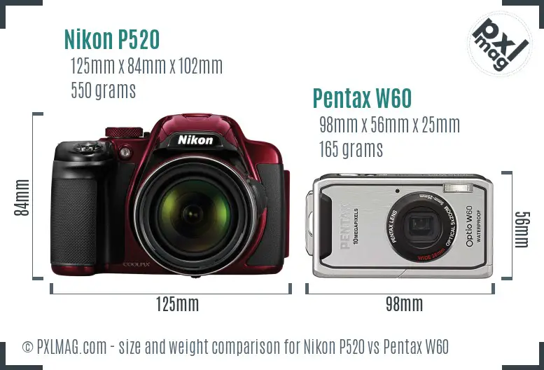 Nikon P520 vs Pentax W60 size comparison