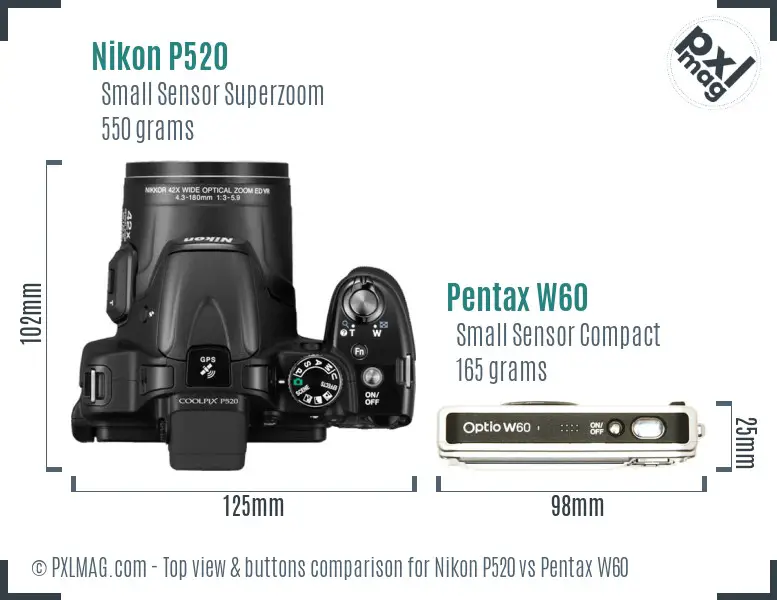 Nikon P520 vs Pentax W60 top view buttons comparison