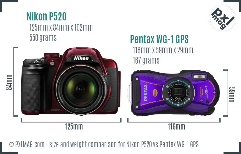 Nikon P520 vs Pentax WG-1 GPS size comparison Nikon P520 vs Pentax WG-1 GPS size comparison
