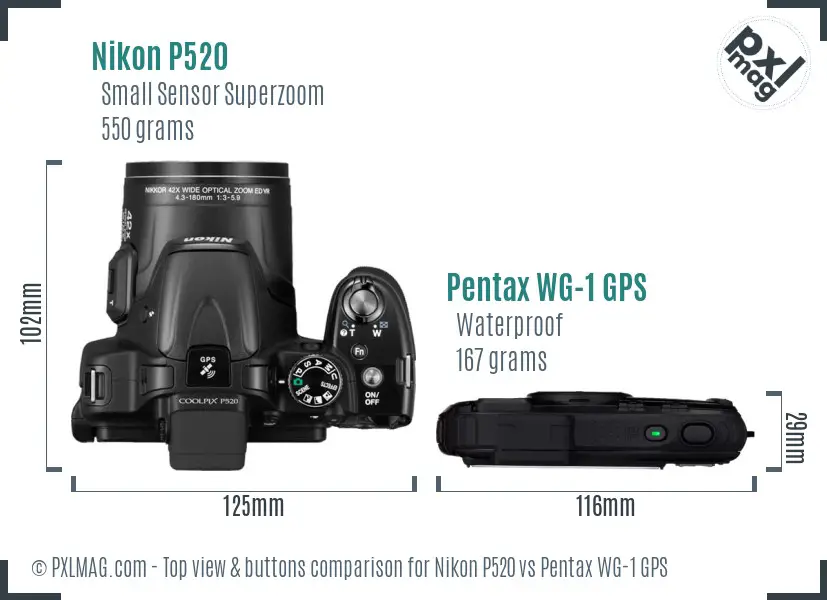 Nikon P520 vs Pentax WG-1 GPS top view buttons comparison Nikon P520 vs Pentax WG-1 GPS top view buttons comparison