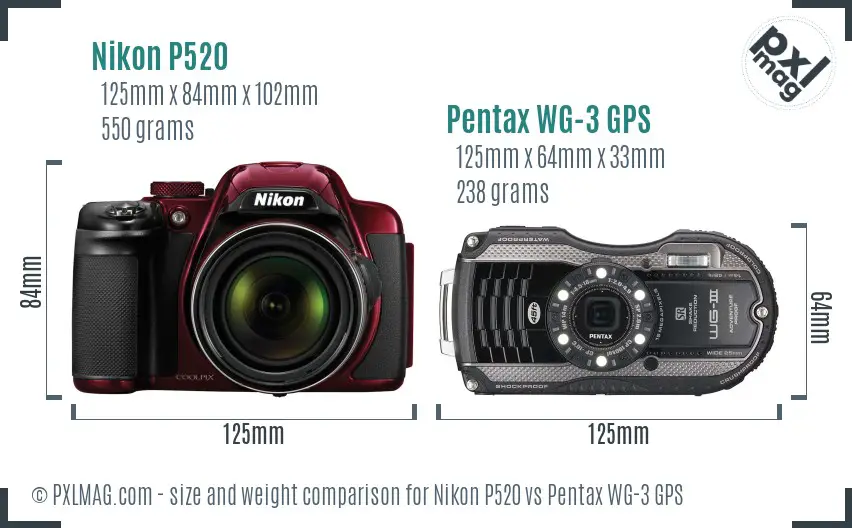 Nikon P520 vs Pentax WG-3 GPS size comparison Nikon P520 vs Pentax WG-3 GPS size comparison