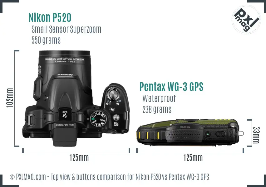 Nikon P520 vs Pentax WG-3 GPS top view buttons comparison Nikon P520 vs Pentax WG-3 GPS top view buttons comparison