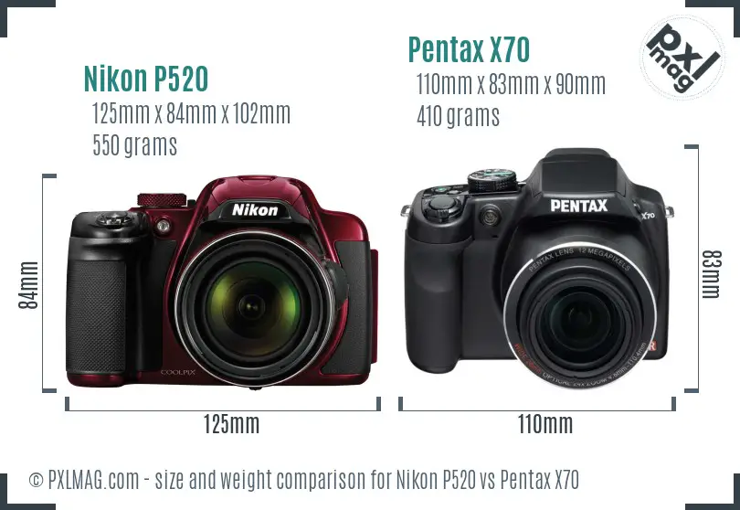 Nikon P520 vs Pentax X70 size comparison