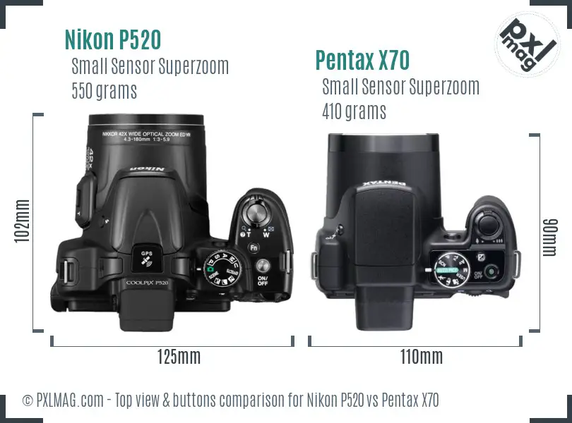 Nikon P520 vs Pentax X70 top view buttons comparison