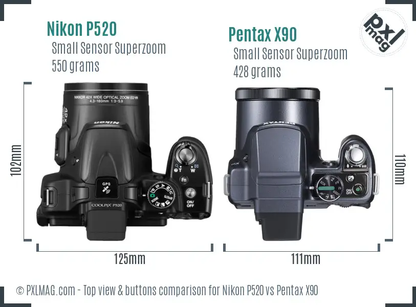 Nikon P520 vs Pentax X90 top view buttons comparison