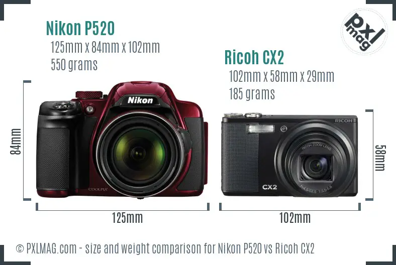 Nikon P520 vs Ricoh CX2 size comparison