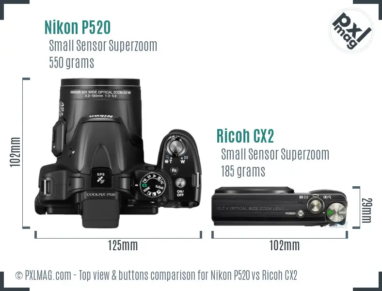 Nikon P520 vs Ricoh CX2 top view buttons comparison