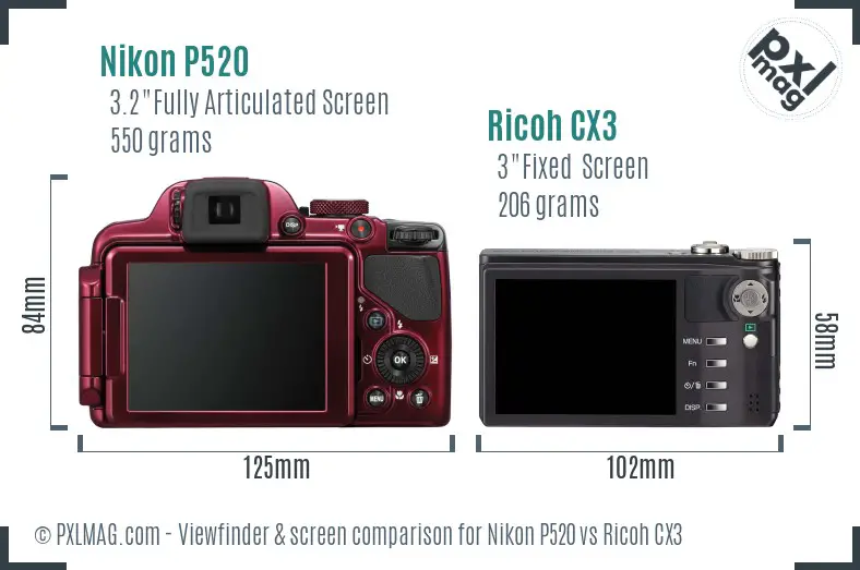 Nikon P520 vs Ricoh CX3 Screen and Viewfinder comparison